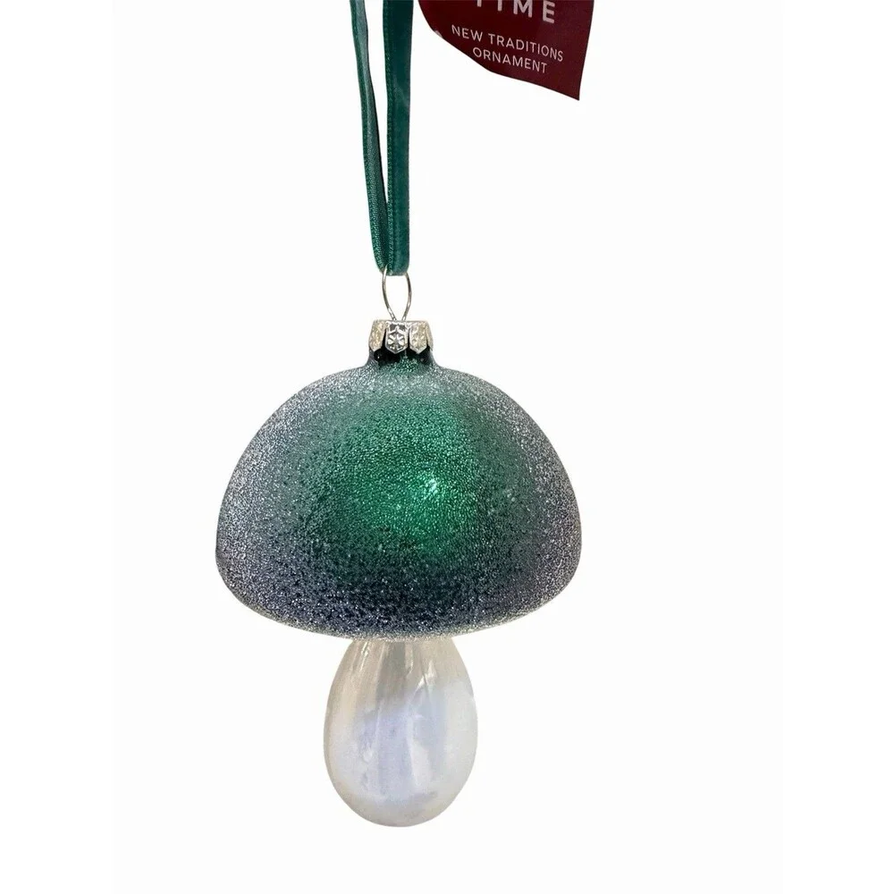 Place & Time Frosty Mushroom Glass Ornaments Christmas Decor Green Red 5” Pair